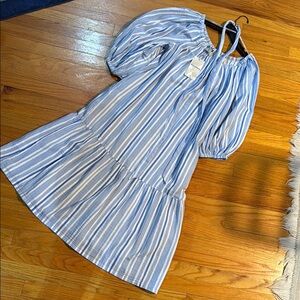 Tommy Bahama Island Gauze Blue and White stripped Puff Sleeve Midi Dress
